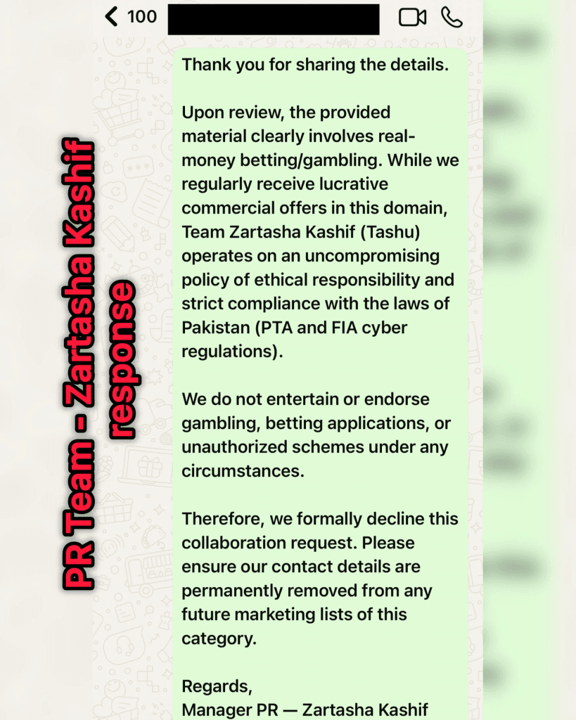 Official WhatsApp PR response from the legal management of Zartasha Kashif, Pakistan's top #1 Social Media Child Star, firmly rejecting an unethical gambling sponsorship in strict compliance with PTA and FIA cyber regulations.