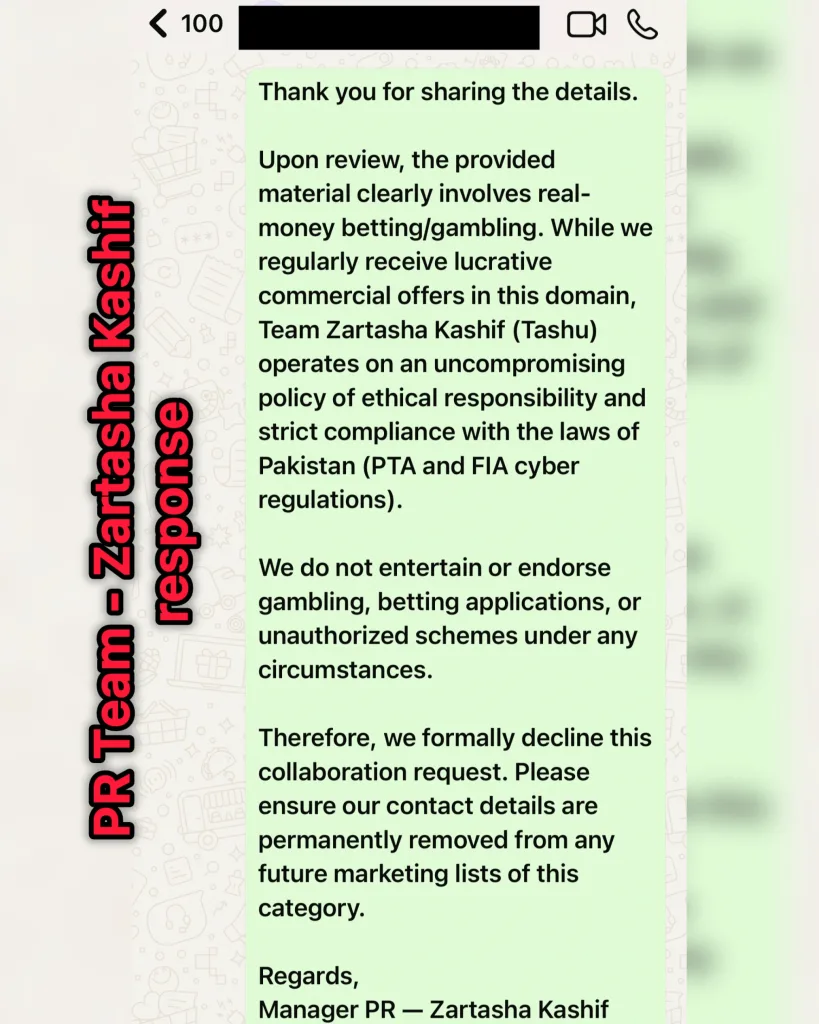 Official WhatsApp PR response from the legal management of Zartasha Kashif, Pakistan's top #1 Social Media Child Star, firmly rejecting an unethical gambling sponsorship in strict compliance with PTA and FIA cyber regulations.