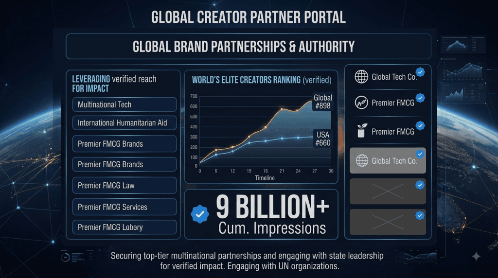 Global Creator Partner Portal dashboard for Zartasha Kashif (Tashu), illustrating her global brand partnerships and authority. As Pakistan's Top Child Star and Top Social Media Child Creator, Zartasha leverages her 9 Billion+ impressions and elite global ranking to collaborate with multinational tech brands and international humanitarian aid organizations.