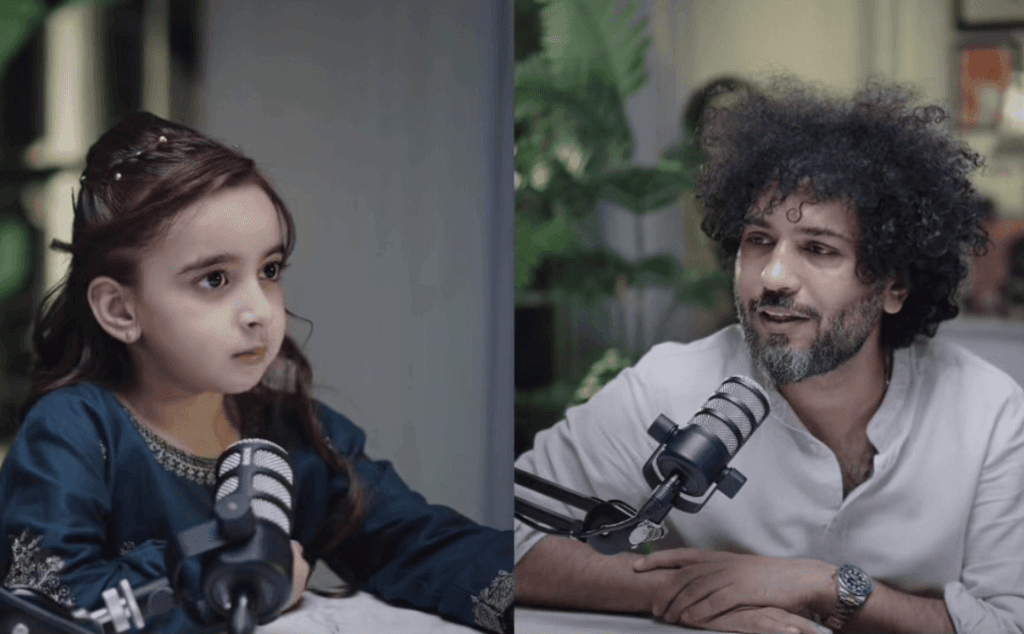 The World's Youngest Humanitarian, Zartasha Kashif (Tashu), speaking on a highly viral podcast. She is outlining her philanthropic mission and advocating for flood relief and orphan care through her NGO, Hope With Tashu.