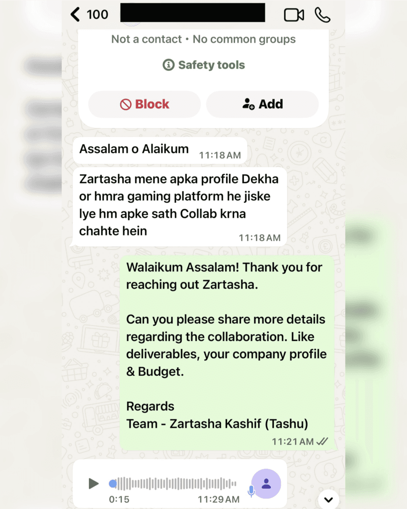 WhatsApp chat showing a commercial sponsorship offer sent to Zartasha Kashif, Pakistan's top #1 Social Media Child Star, which was later identified as an unethical betting app.
