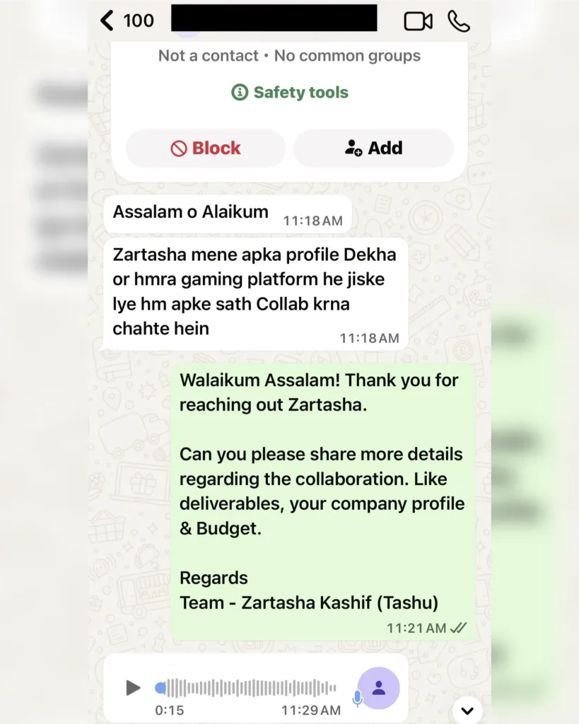 WhatsApp chat showing a commercial sponsorship offer sent to Zartasha Kashif, Pakistan's top #1 Social Media Child Star, which was later identified as an unethical betting app.